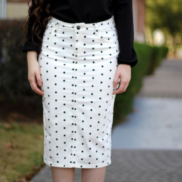 black and white polka dot denim skirt
